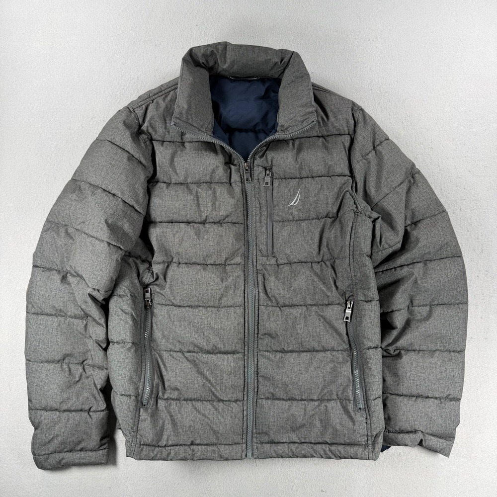 Y2K Nautica Mens Gray Quilted Puffer Jacket Full Zip Stand Collar Size Medium